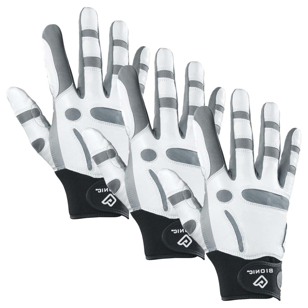 (M - 3 Pack, White) Bionic Mens ReliefGrip Cabretta Leather Lightweight Padded Golf Glove - RH