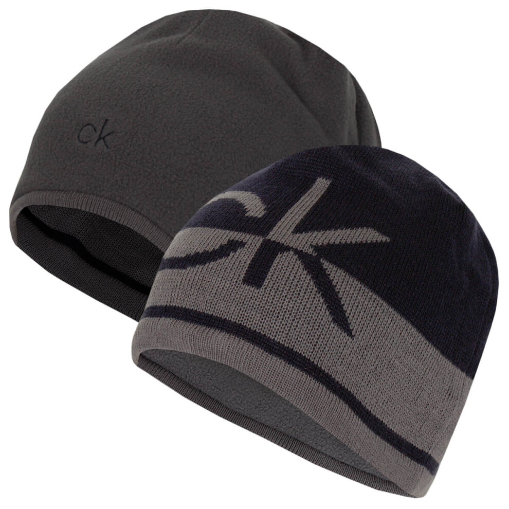 (One Size, Navy/Charcoal) Calvin Klein Mens 2021 CK Logo Reversible Striped Knit Beanie Hat