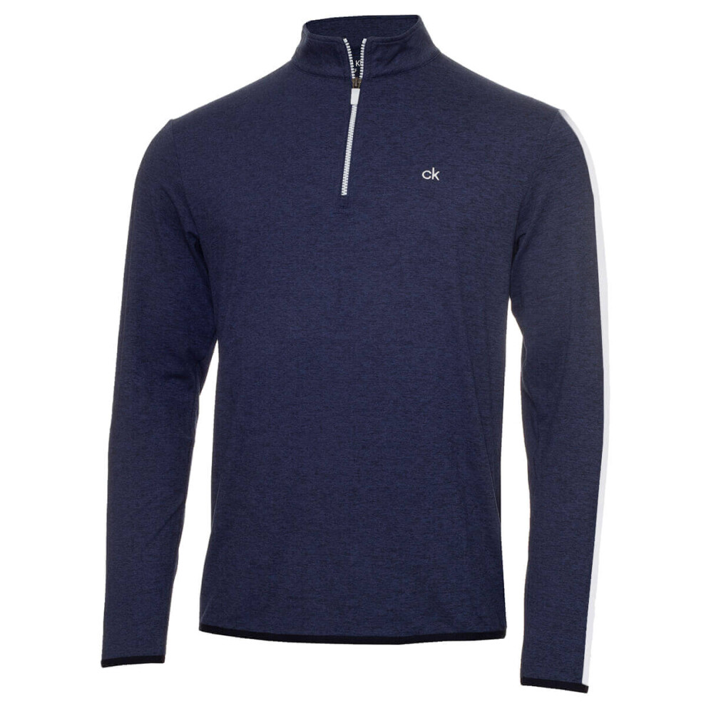 (S, Navy/White) Calvin Klein Mens 2021 Striped Sleeves Newport 1/4 Zip Sweater