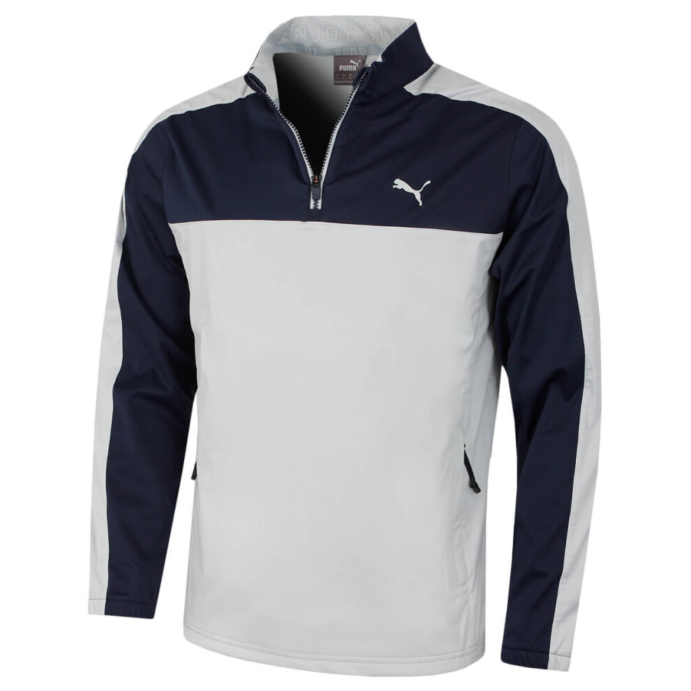 (S, Navy Blazer/High Rise) Puma Golf Mens Momentum Woven Quarter Zip Water Repellent Sweater