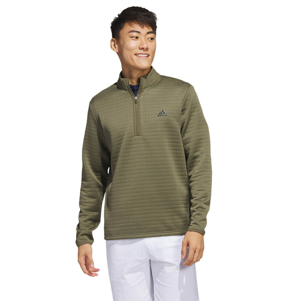 (M, Olive Stripe) adidas Golf Mens 2023 Durable Water Repellent Left Chest 1/4 Zip Sweater