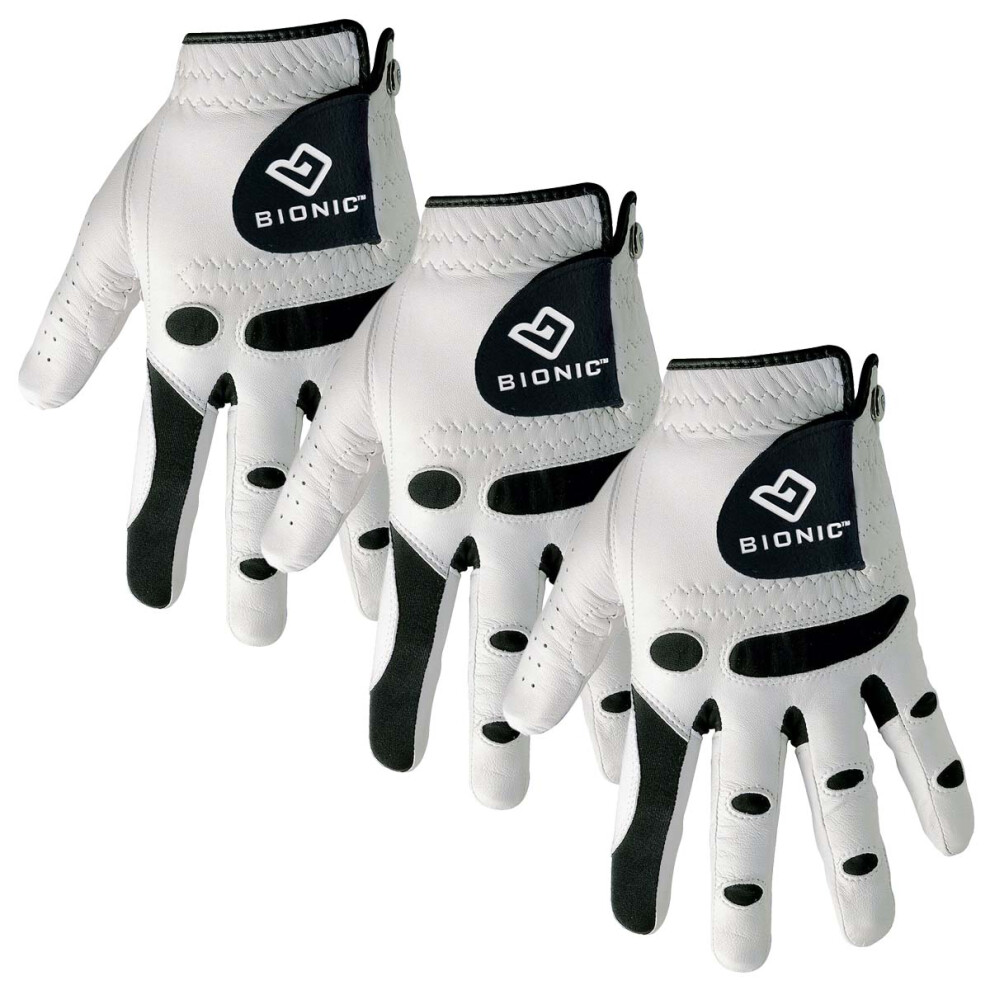 (M/L - Pack of 3, White) Bionic Mens StableGrip Leather Golf Gloves Orthopedic - LH