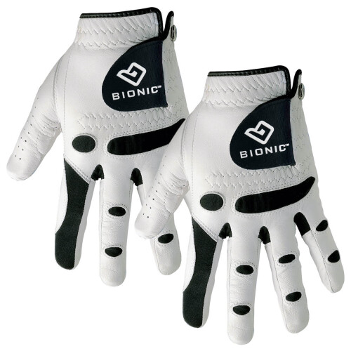 (M/L - 2 Pack, White) Bionic Mens StableGrip Leather Golf Gloves Orthopedic - LH