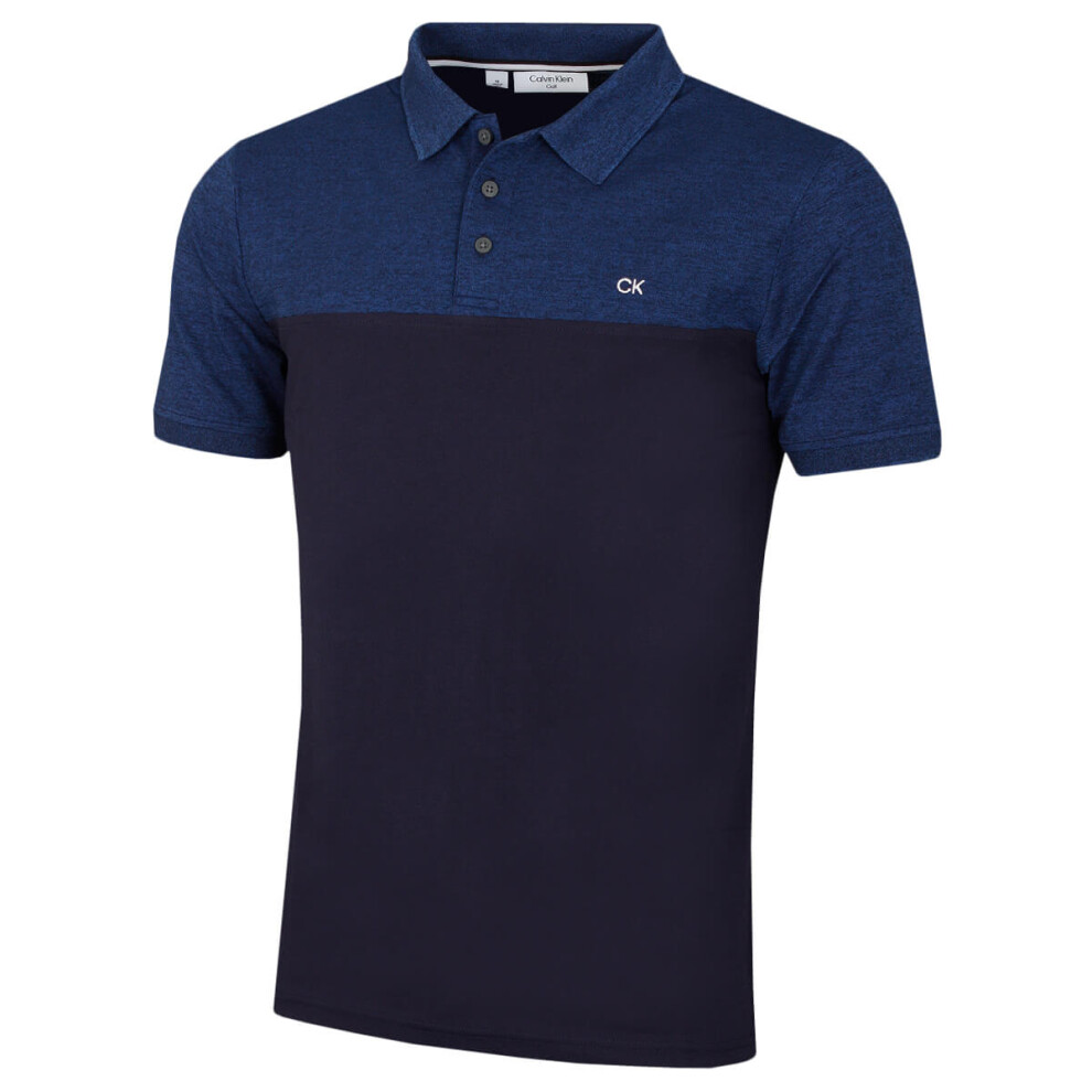 (M, Cobalt Marl/Navy) Calvin Klein Mens 2022 Colour Block Lightweight Breathable Golf Polo Shirt