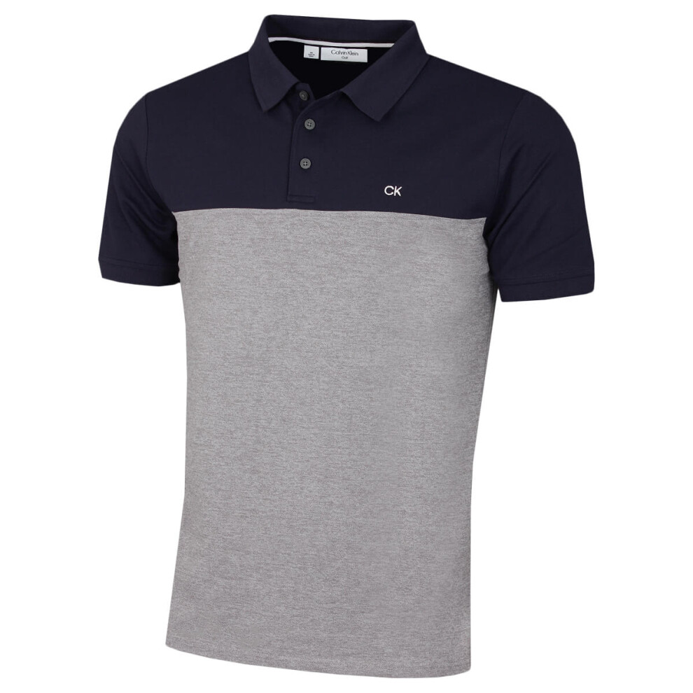 (S, Navy/Silver Marl) Calvin Klein Mens 2022 Colour Block Lightweight Breathable Golf Polo Shirt