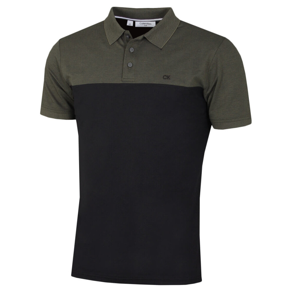 (L, Olive Marl/Black) Calvin Klein Mens 2022 Colour Block Lightweight Breathable Golf Polo Shirt