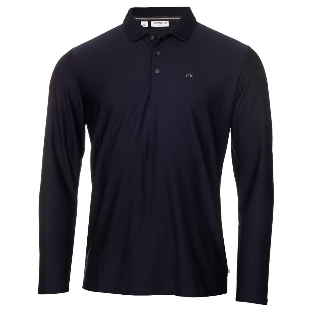 (S, Navy) Calvin Klein Mens 2021 Long Sleeve Light Central Golf Polo Shirt