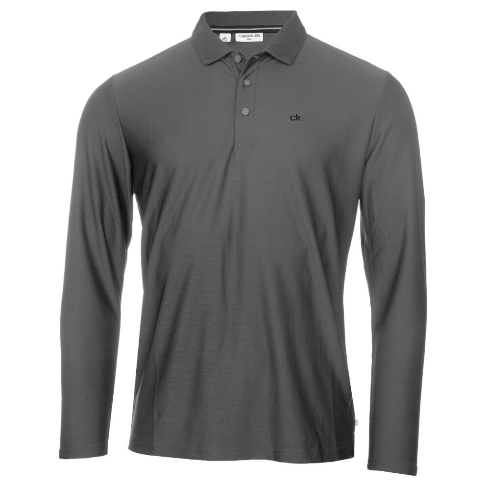 (L, Charcoal) Calvin Klein Mens 2021 Long Sleeve Light Central Golf Polo Shirt