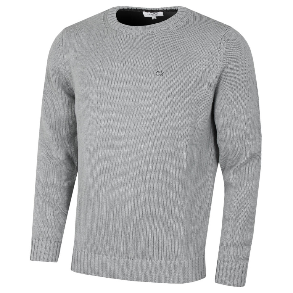 (L, Silver Marl) Calvin Klein Mens 2021 Knit Crew Neck Cotton CK Golf Sweater