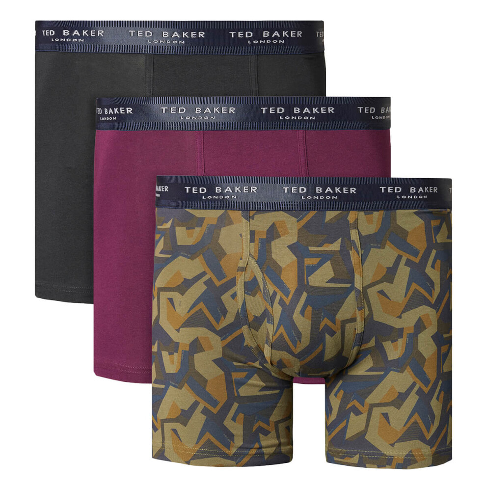 (S, Black/Potent Purple/Olive Enga) Ted Baker Mens 2021 3-Pack Cotton Contour Pouch Breathable Fashion Boxer Briefs