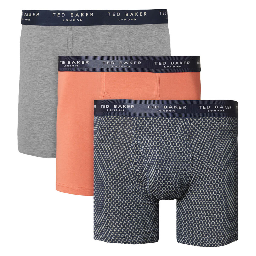 (S, Grey Heather/Hot Sauce/Navy) Ted Baker Mens 2021 3-Pack Cotton Contour Pouch Breathable Fashion Boxer Briefs