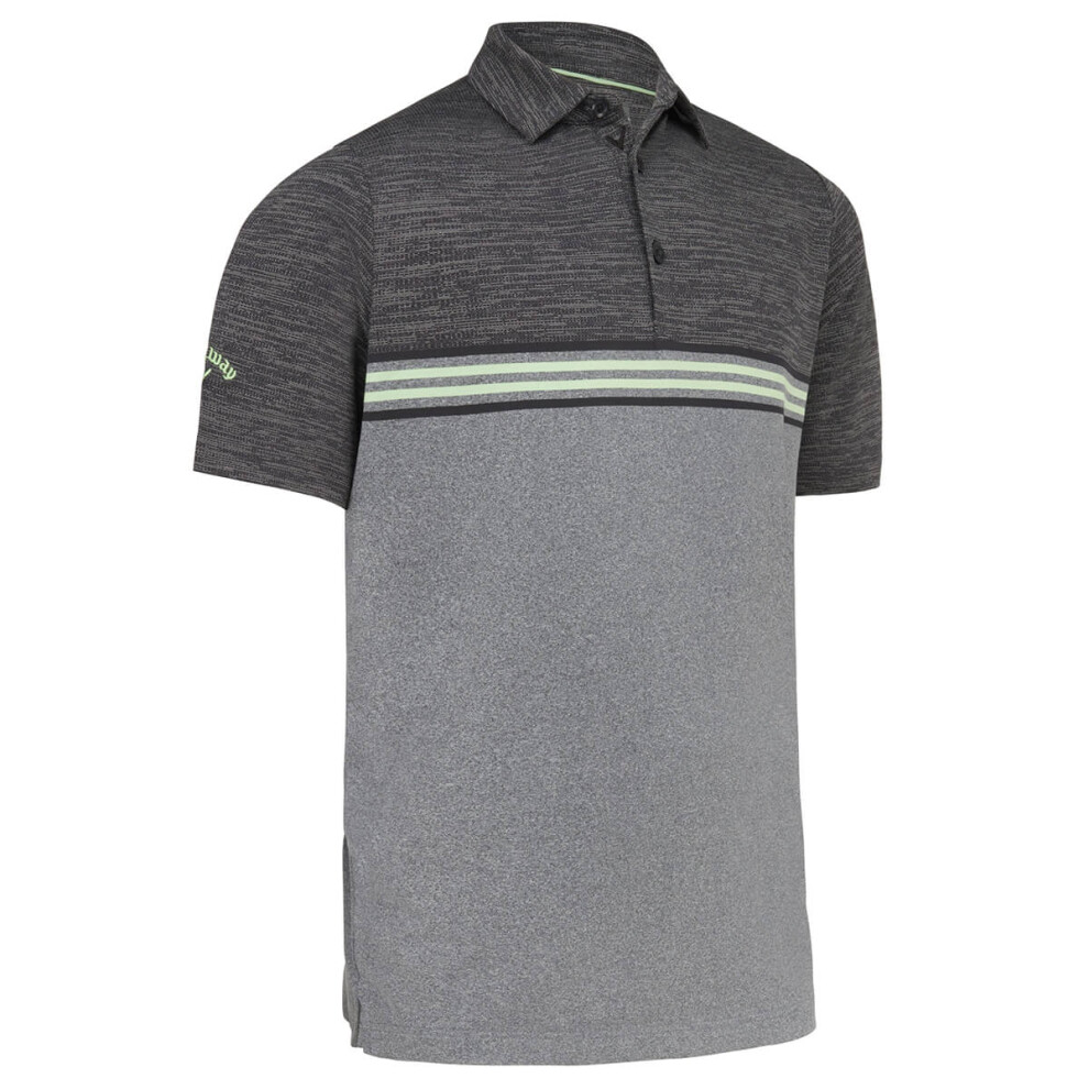 (S, Caviar Heather) Callaway Golf Mens 2022 Heathered Chest Stripe SwingTech Stretch Polo Shirt