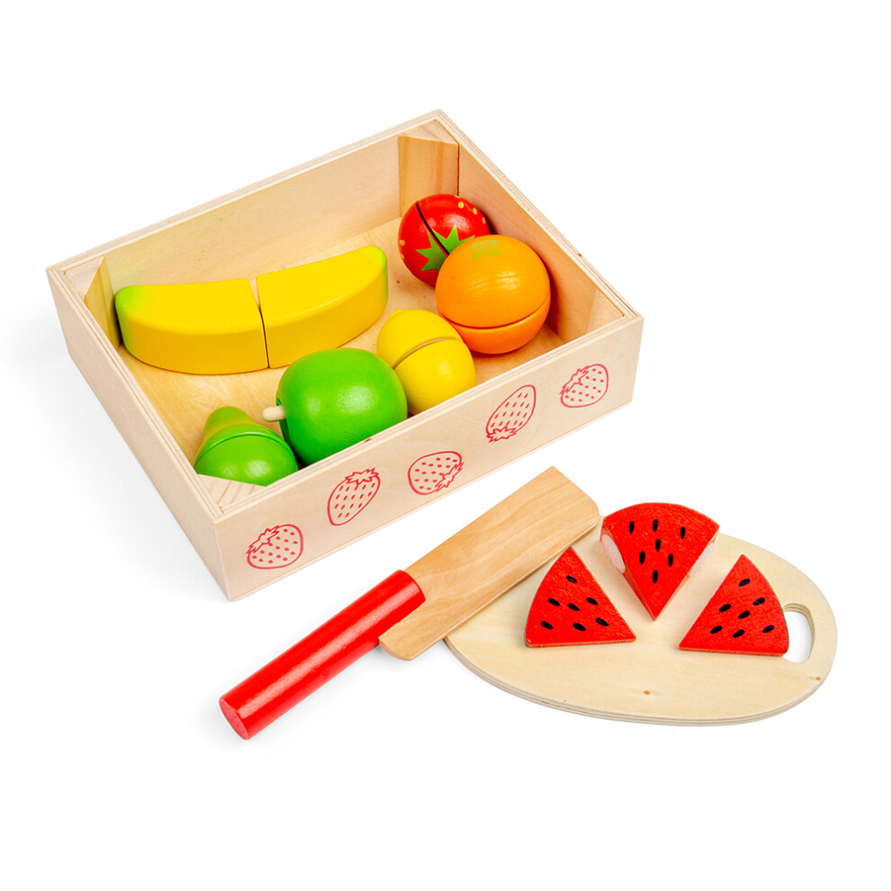 Bigjigs Toys Cutting Fruits Crate - 7 Piece Fruit With Velcro Fastenings, 1 Wooden Knife, 1 Chopping Board, Childrenâs Kitchen Role Play