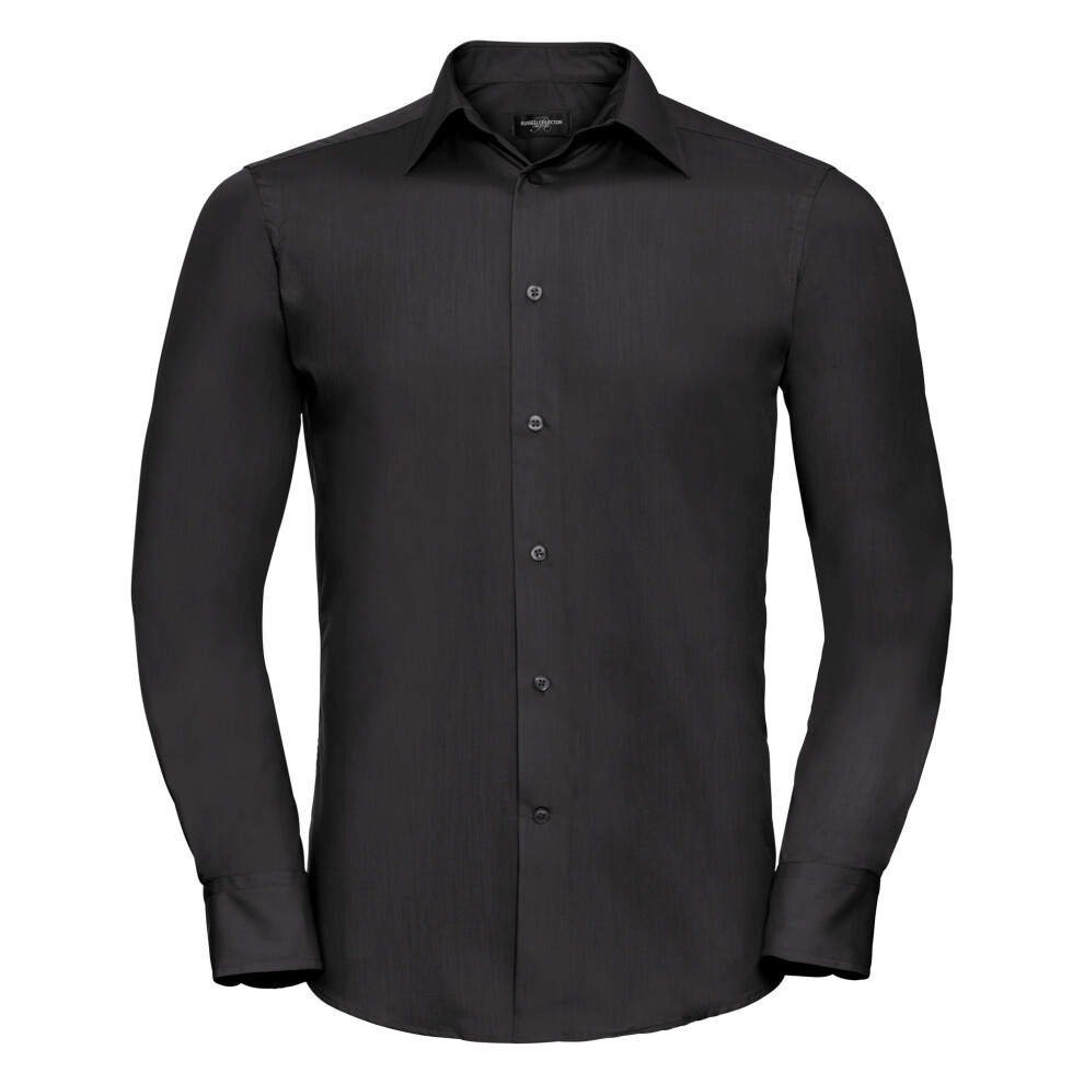 (XL, Black) Russell Collection Mens Long Sleeve Poly-Cotton Easy Care Tailored Poplin Shirt