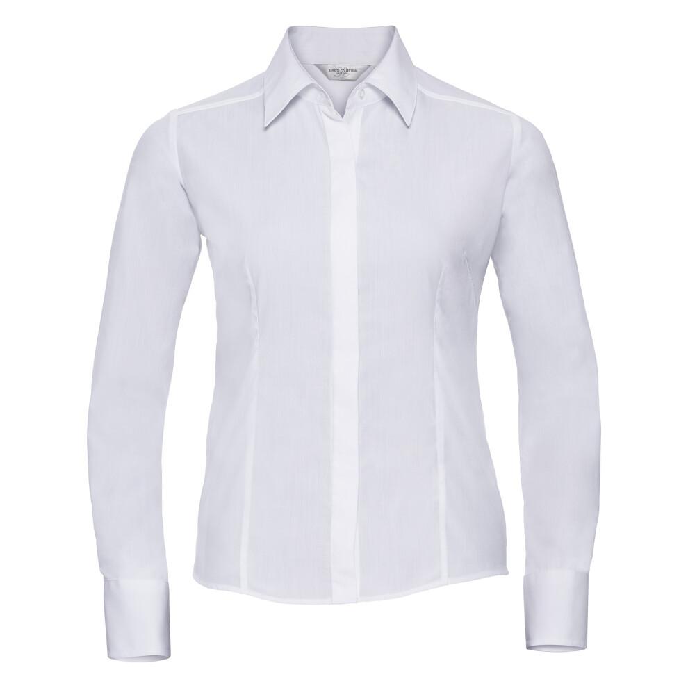 (S, White) Russell Collection Ladies/Womens Long Sleeve Poly-Cotton Easy Care Fitted Poplin Shirt