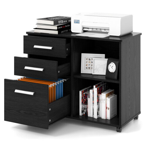 Costway 3-Drawer Filing Cabinet Printer Stand W/ Wheels Hanging Bars Open Shelves