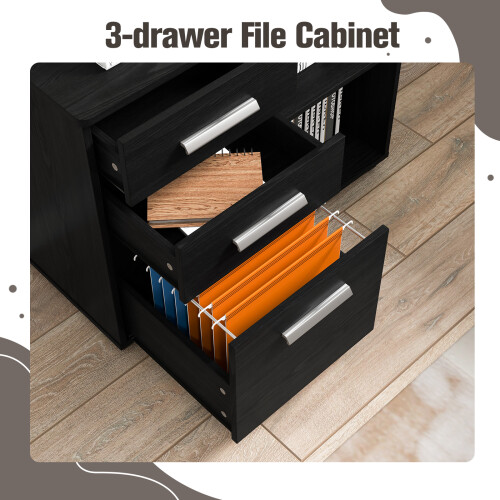 Costway 3-Drawer Filing Cabinet Printer Stand W/ Wheels Hanging Bars Open Shelves 2