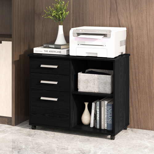 Costway 3-Drawer Filing Cabinet Printer Stand W/ Wheels Hanging Bars Open Shelves 1