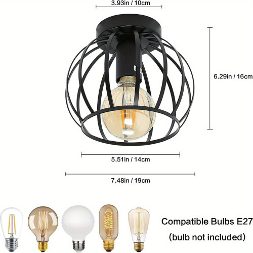 Vintage Ceiling Light, Black Semi Flush Mount Ceiling Light, Metal Cage Ceiling Light Shade 2