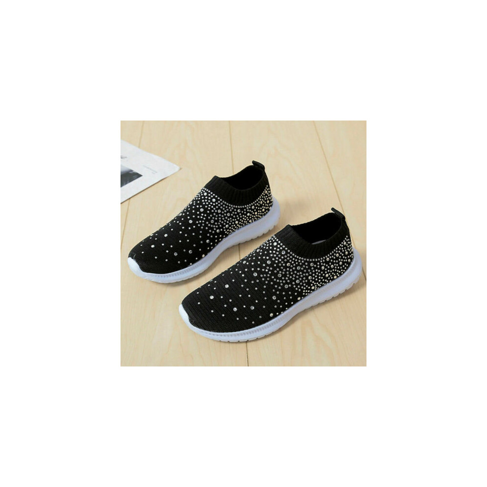 (Black, UK 3 /EUR 35) Women Sparkly Glitter Slip On Trainers Ladies Running Sneakers Sock Shoes Size