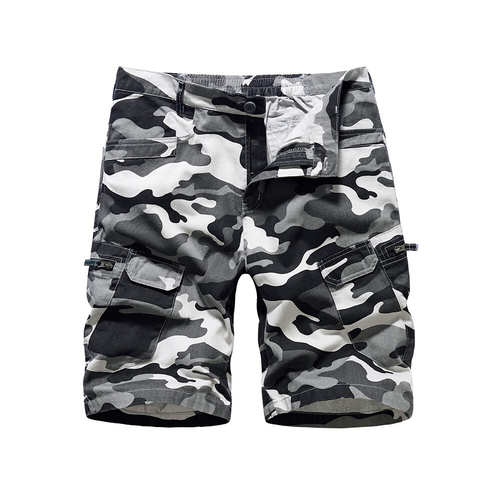 (Camouflage Grey, 36) Mens Cotton Camouflage Cargo Shorts Combat Pants Pockets Summer Casual Work