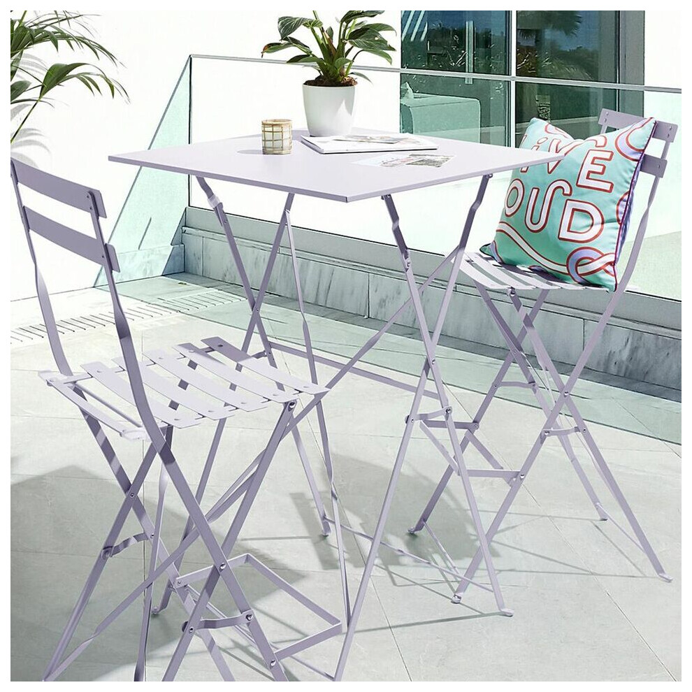 (Lilac) 2 Folding Metal Chairs & Table Bistro Bar Patio Breakfast Furniture Set