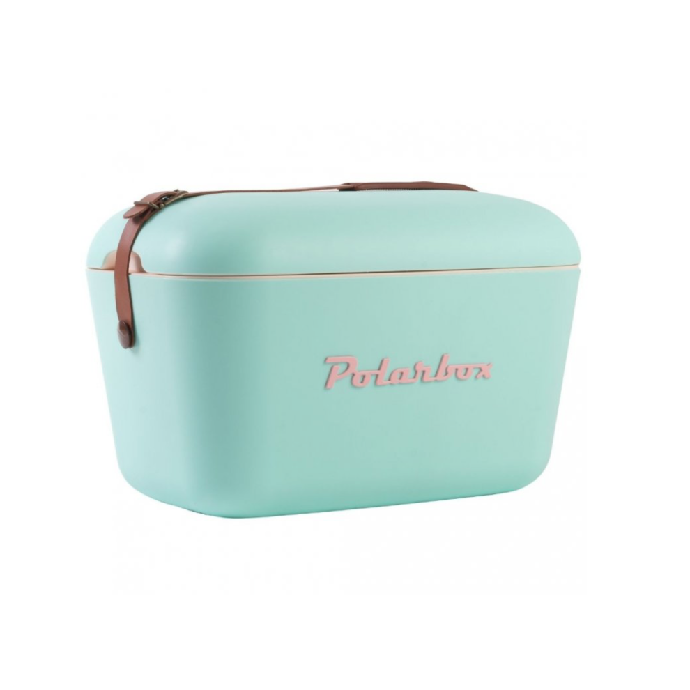 Polarbox Retro 20L Cool Box Classic: Keep Drinks & Food Cold 24 Hours, Flip Tray Lid, Adjustable Leather Strap, Lightweight & Portable Cyan