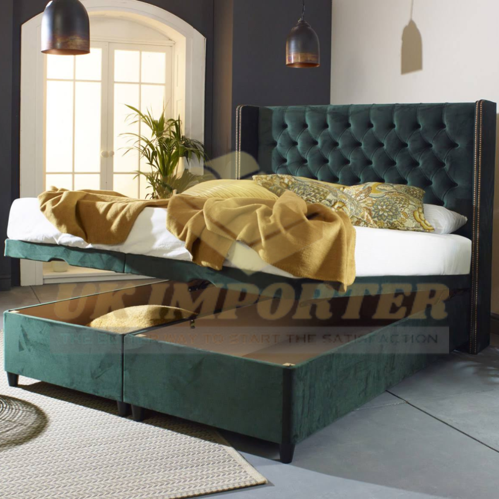 (Super King (without Mattress), Emerald Green Plush) Divan Ottoman Bed Winged Back Plush Velvet 54" Headboard