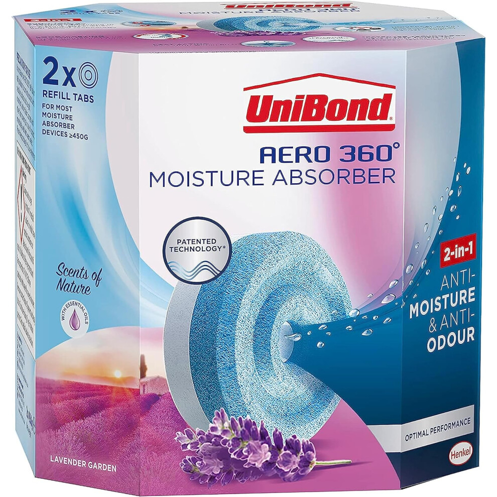 UniBond AERO 360Â° Moisture Absorber Lavender Garden Refill Tab aromatherapy, for AERO 360Â° Dehumidifier Condensation Absorbers Twin Pack (2 x 450g)