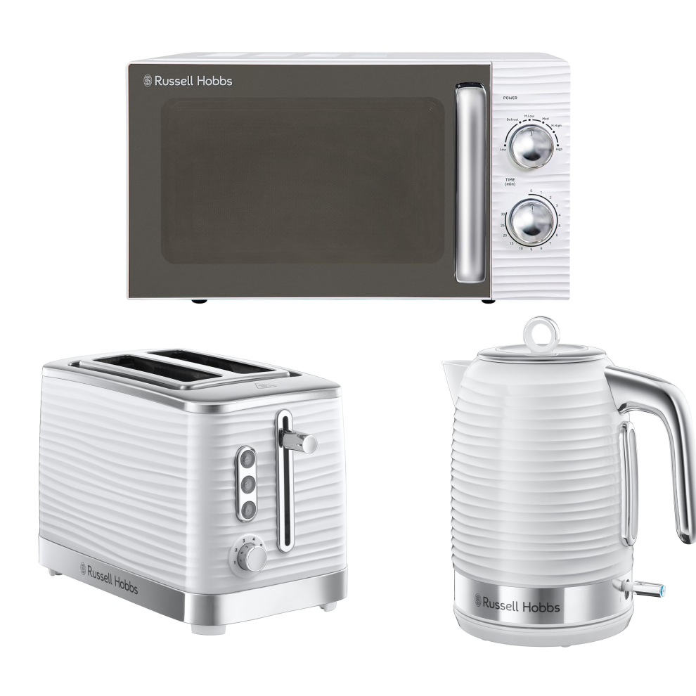 Russell Hobbs Inspire White Jug Kettle 2 Slice Toaster & Microwave Set