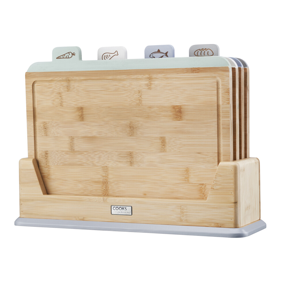 Cooks Professional Index Chopping Board Set of Four Bamboo Wooden Cutting Boards with Storage Case, Colour Coded for Fruit & Vegetables, Raw Meat