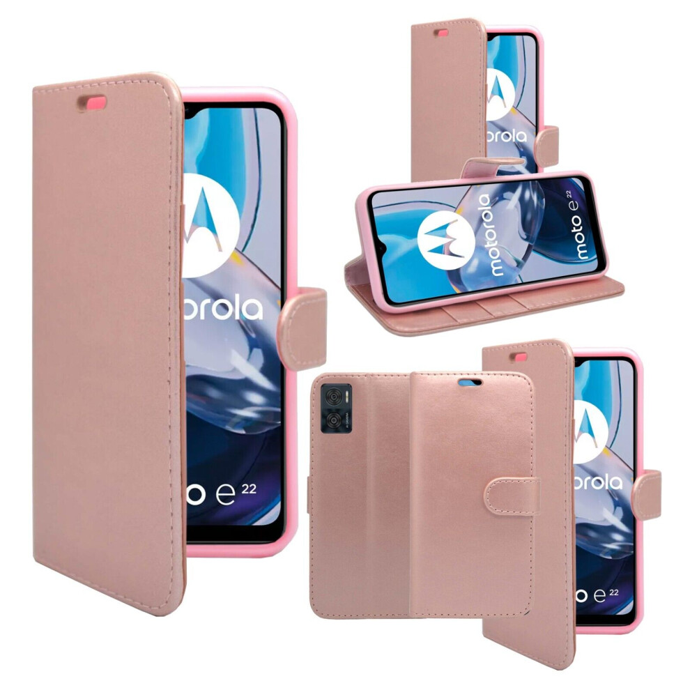 (Rose ) For Motorola E22 Wallet Flip Pu Leather Pouch Cover Case Gold 5060972628171