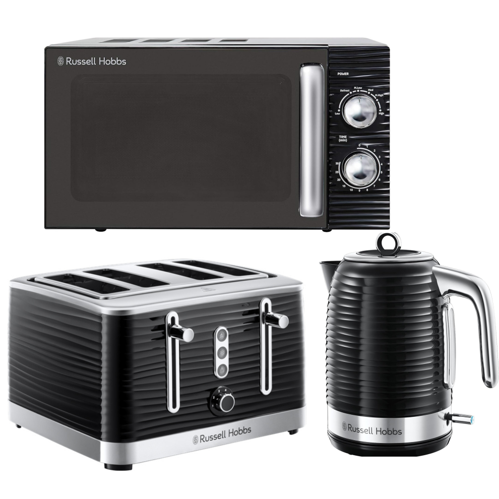 Russell Hobbs Inspire Black Jug Kettle, 4 Slice Toaster & Microwave