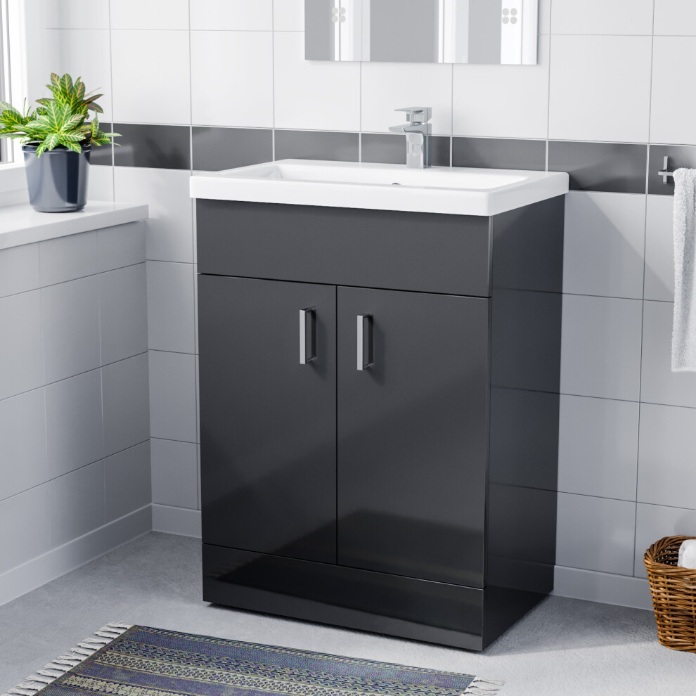 Nes Home 600mm Floorstanding Basin Vanity Cabinet Bathroom Anthracite