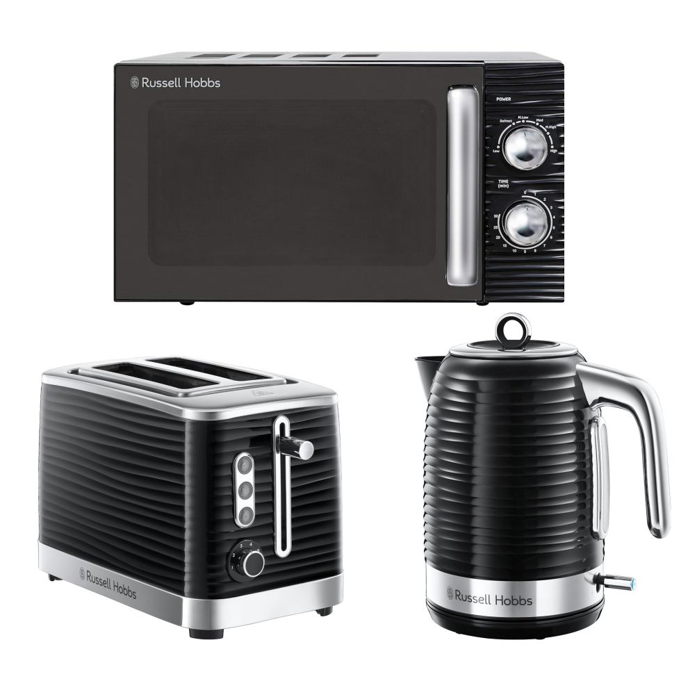 Russell Hobbs Inspire Black Jug Kettle 2 Slice Toaster & Microwave Set-image-OPC-PDHBPXW-NEW