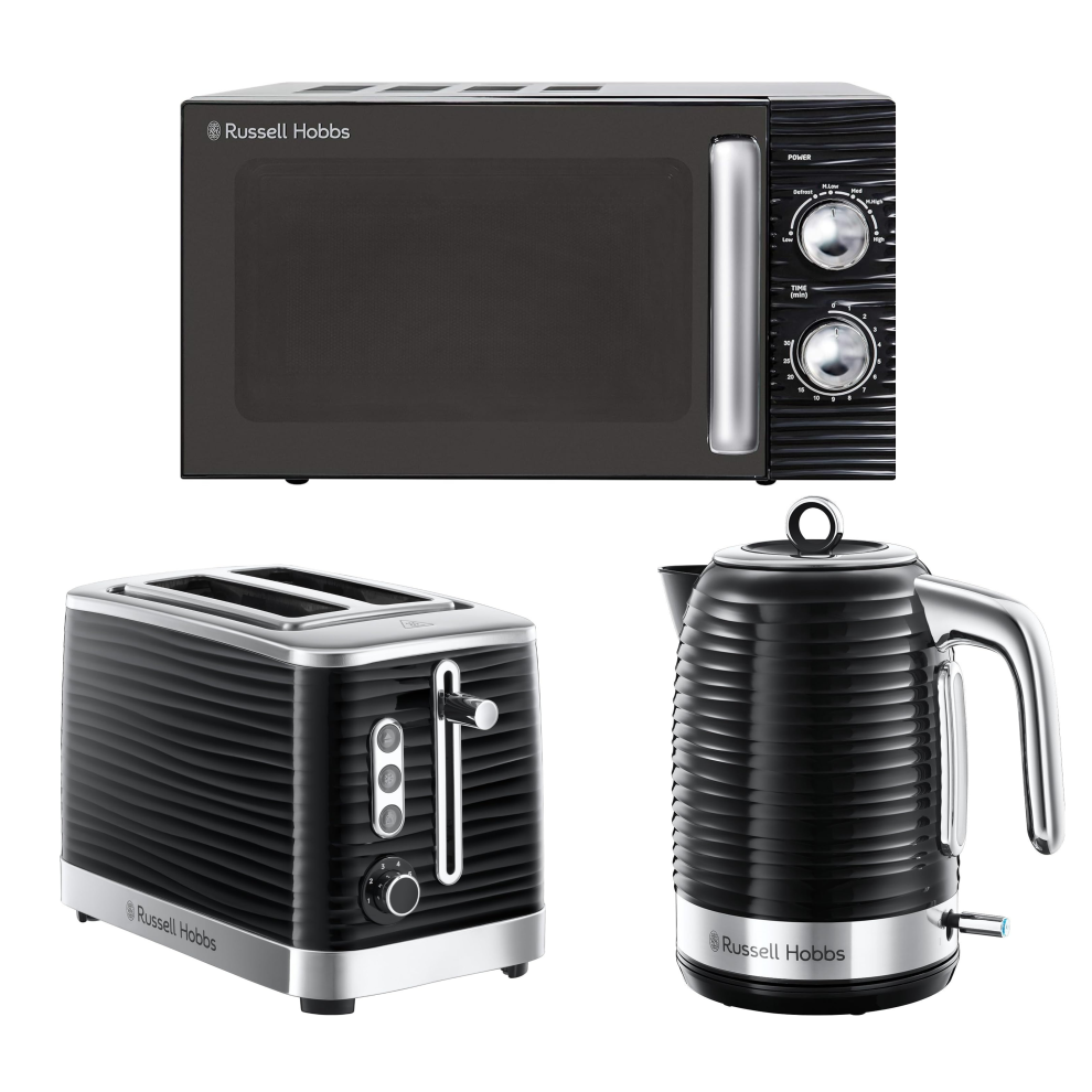 Russell Hobbs Inspire Black Jug Kettle 2 Slice Toaster & Microwave Set