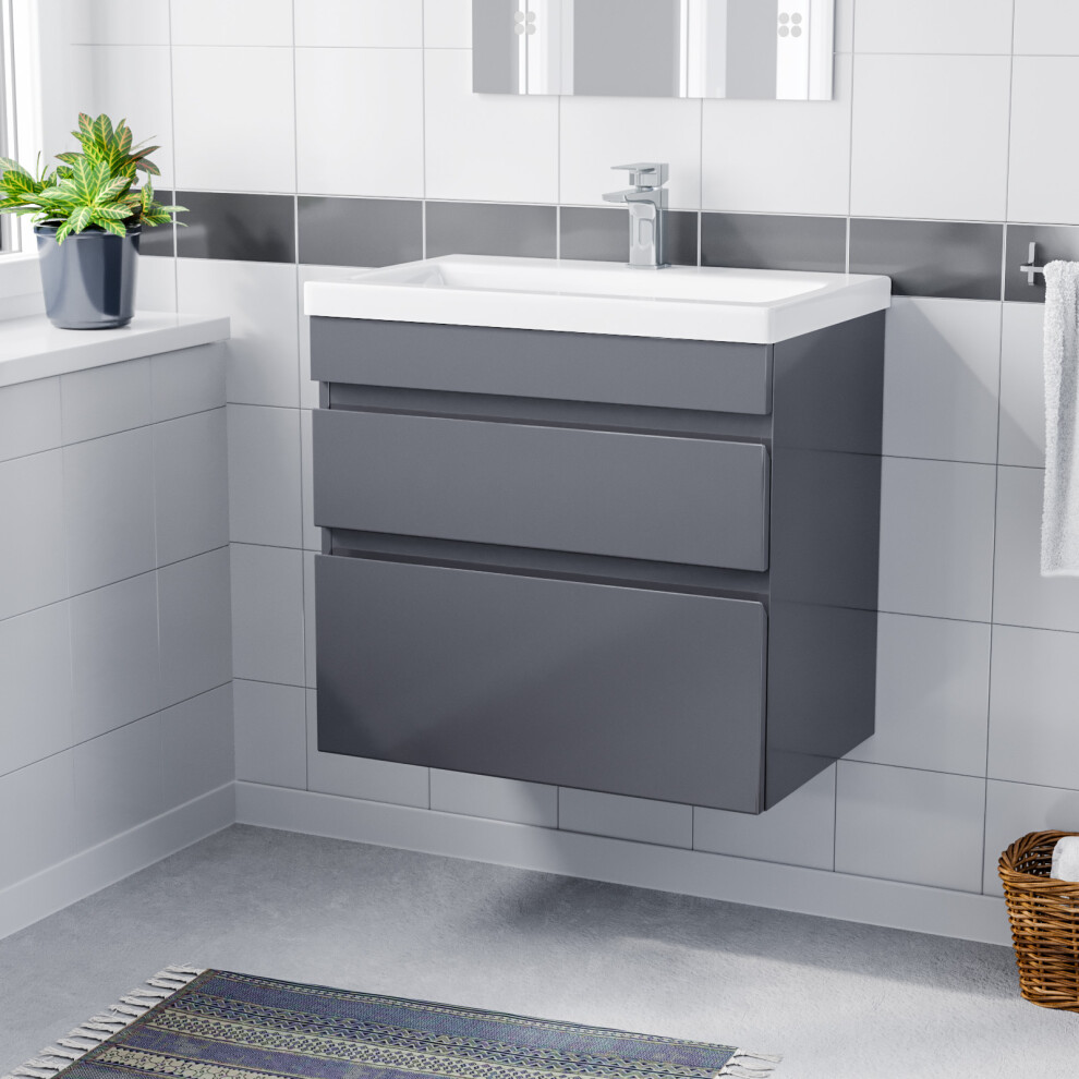 Nes Home 600mm 2 Drawers Wall Hung Basin Vanity Unit Steel Grey