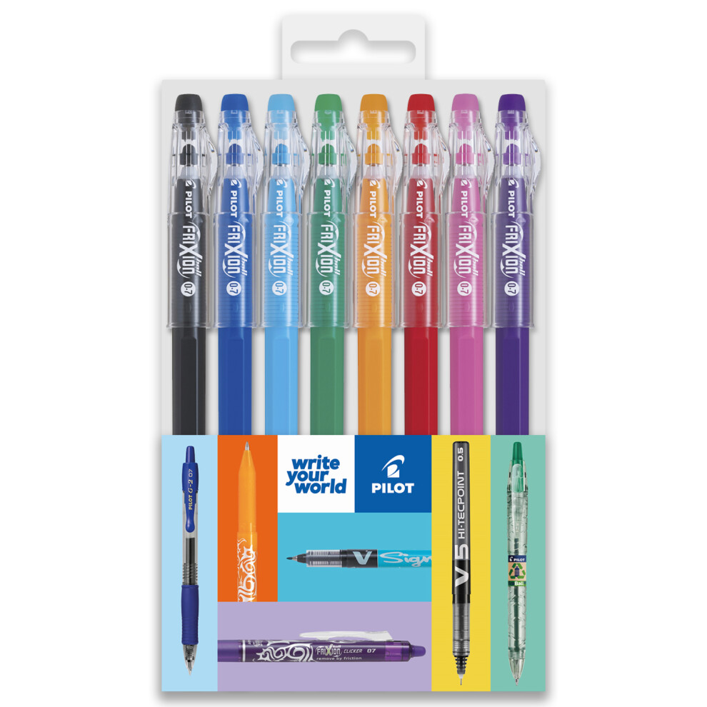 (Essentials, Wallet of 8) Pilot FriXion Ball Stick 07- 0.7mm Nib Tip - Erasable Gel Ink Pens