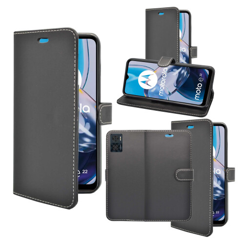 (Black) For Motorola E22 Wallet Flip PU Leather Stand Pouch Case