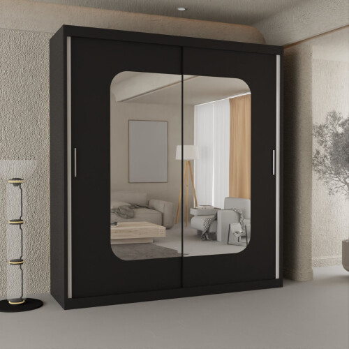 MN Furniture (Black, 180) Alberta Sliding Mirror Double Door Wardrobe