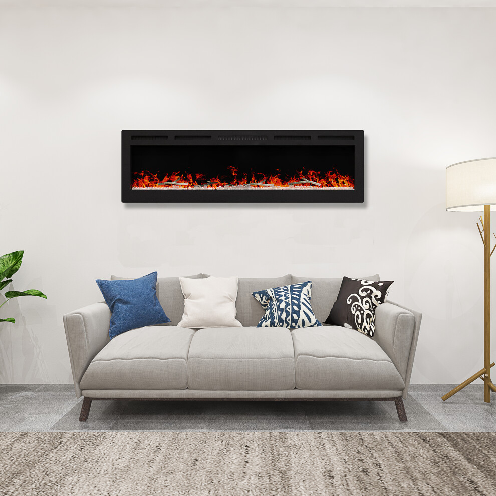 (60 Inch) Black Electric Fireplace 14 Color Wall Mounted