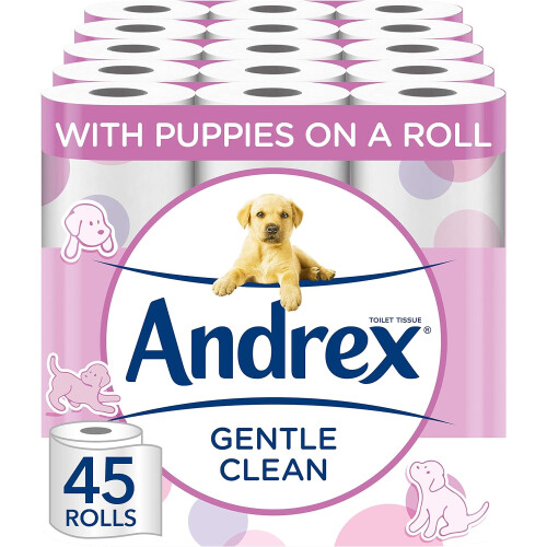 Andrex Andrex Gentle Clean Toilet Rolls 45 Toilet Roll Pack Bulk Buy Toilet Rolls Gentle and Soft on Your Family's Skin Dermatologically Tested