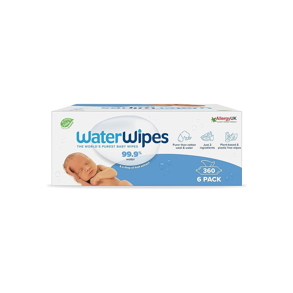 WaterWipes Plastic-Free Original Baby Wipe, 360 Count (6 packs) 99.9% Water Based Wipes Unscented for Sensitive Skin