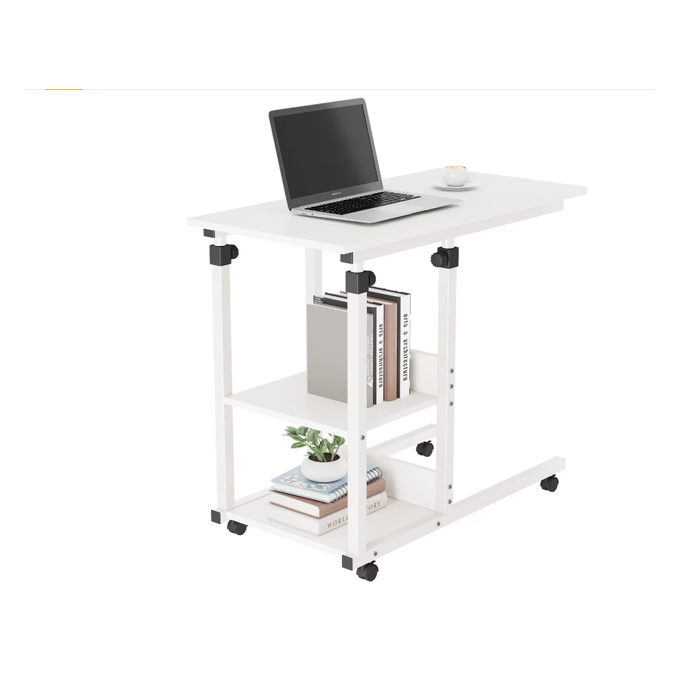 (White) Height Adjustable Mobile Rolling side table