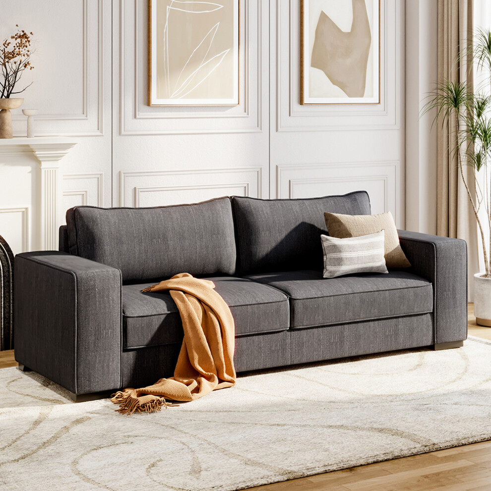 3 Seater Sofa Corduroy Upholstered Couch for Living Room, Dark Grey