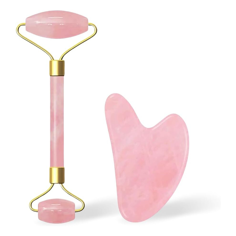 (Pink Jade Roller) Facical Roller and Gua Sha Set - Stone Massage Rollers