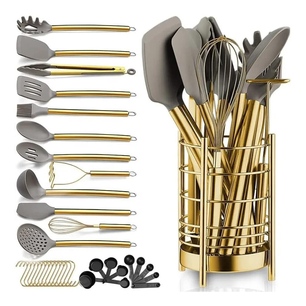 Silicone Kitchen Utensils Set 38 PCS, Non Stick & BPA-Free Gold Stainless Steel Kitchen Cooking Tools Hanging Hook Cooking Utensils for Culinary Task