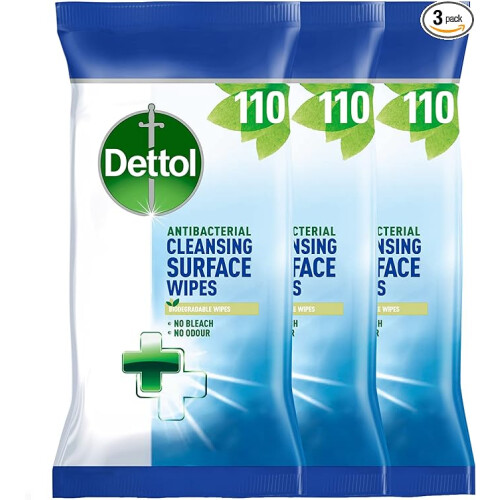 Dettol Dettol Antibacterial Biodegradable Surface Cleaning Disinfectant Wipes, 110 x 3 Wipes (Total 330 Wipes)