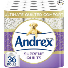 Andrex Supreme Quilts Quilted Toilet Paper 36 Pack Thicker Than Before to Provide Ultimate Quilted Comfort Unique Air Pocket Texture 36 Count Pack of1