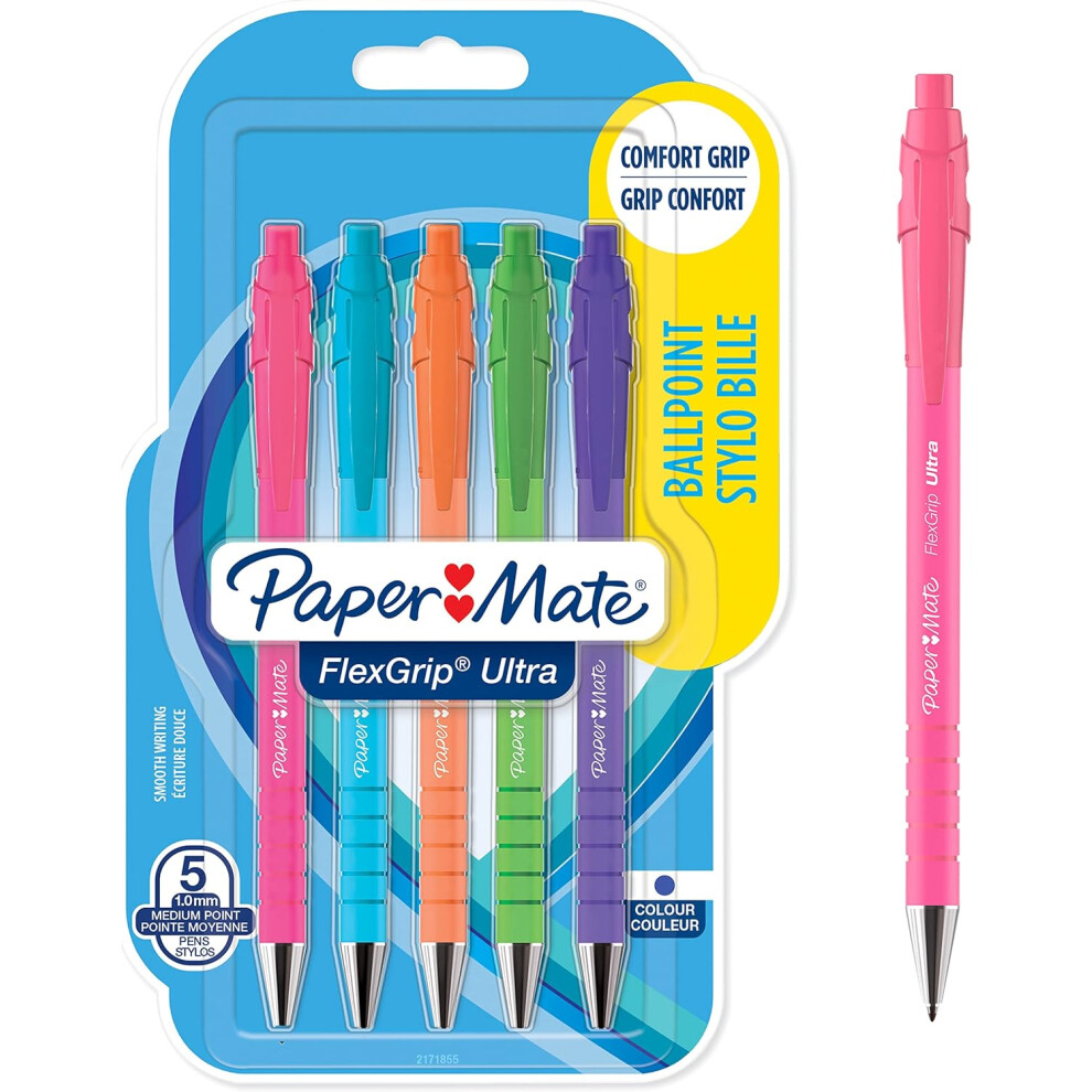 Paper Mate Flexgrip Ultra Pastel Ballpoint Pens | Medium Point (1.0mm) | Blue Ink | Pastel Barrels | 5 Count